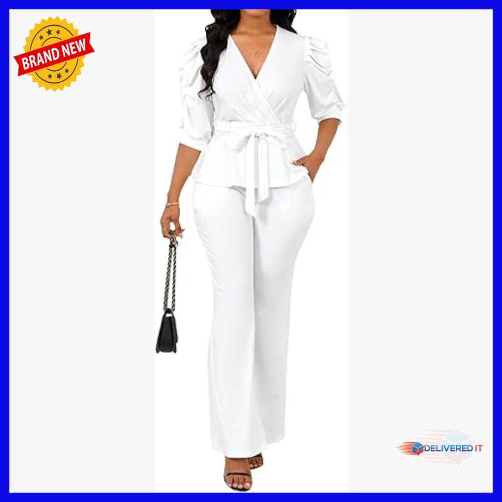 Plus Size Ruffle Top Wide Leg Pantsuit Set For Business Office Wear